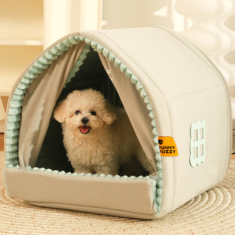 Lit fermé pour chien avec maison pour animaux de compagnie à double rideau