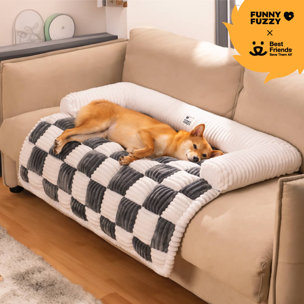 Cream Square Plaid Cozy Dog Mat Furniture Protector Cover