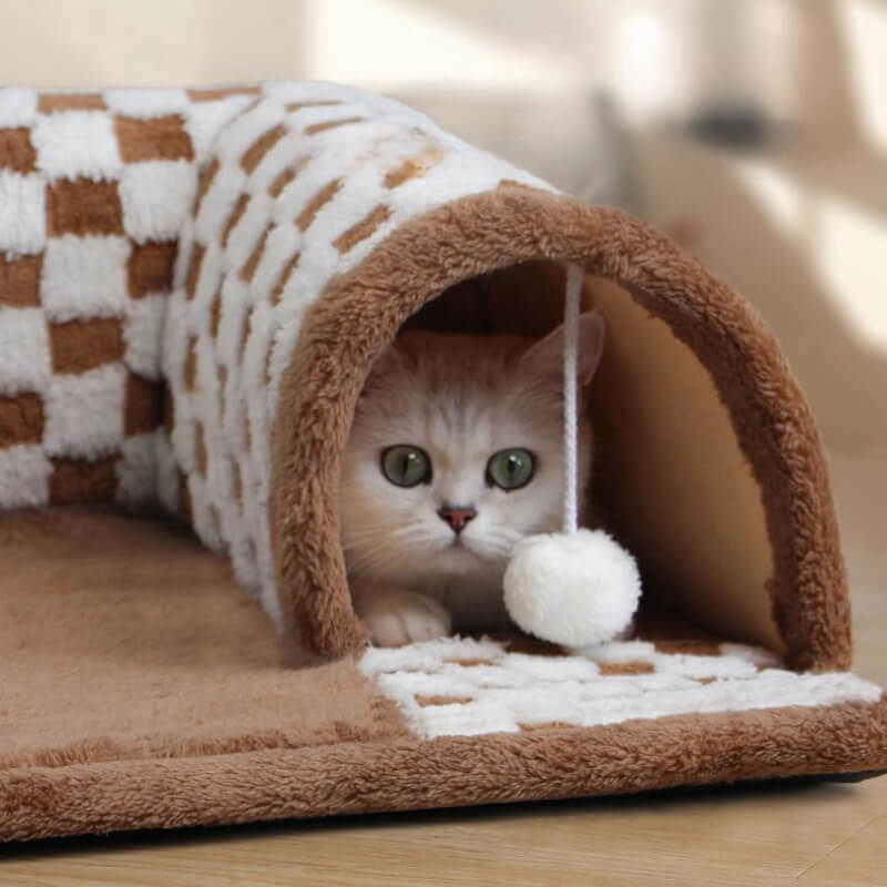 Lit tunnel pour chat à carreaux en peluche 2 en 1