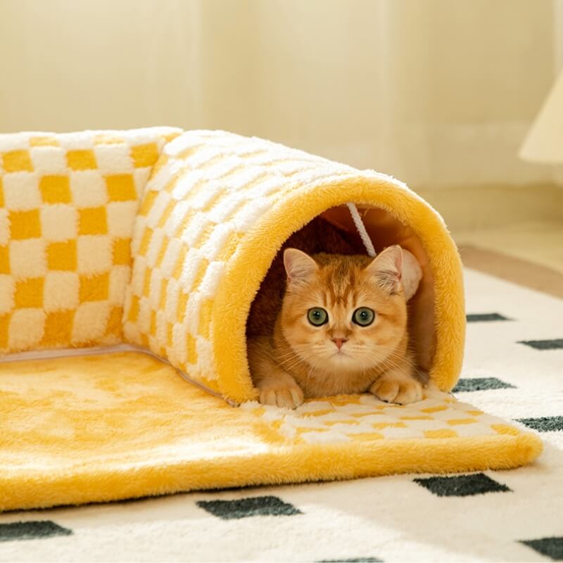 Lit tunnel pour chat à carreaux en peluche 2 en 1