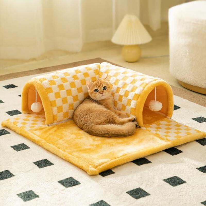 Lit tunnel pour chat à carreaux en peluche 2 en 1