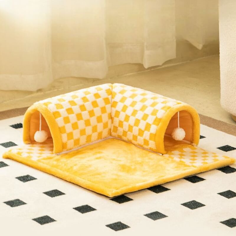 2-in-1 Funny Plush Plaid Checkered Cat Tunnel  Bed