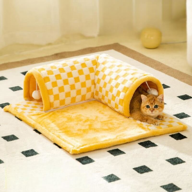 Lit tunnel pour chat à carreaux en peluche 2 en 1