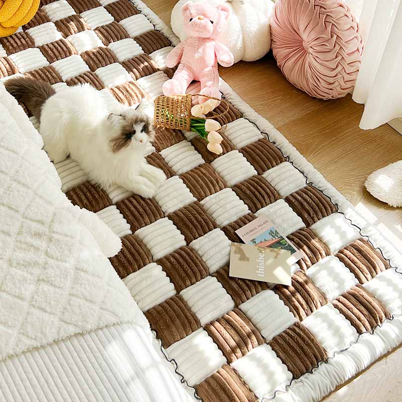 Couverture de canapé de lit de tapis pour animaux de compagnie flou carré à grand carreaux de couleur crème