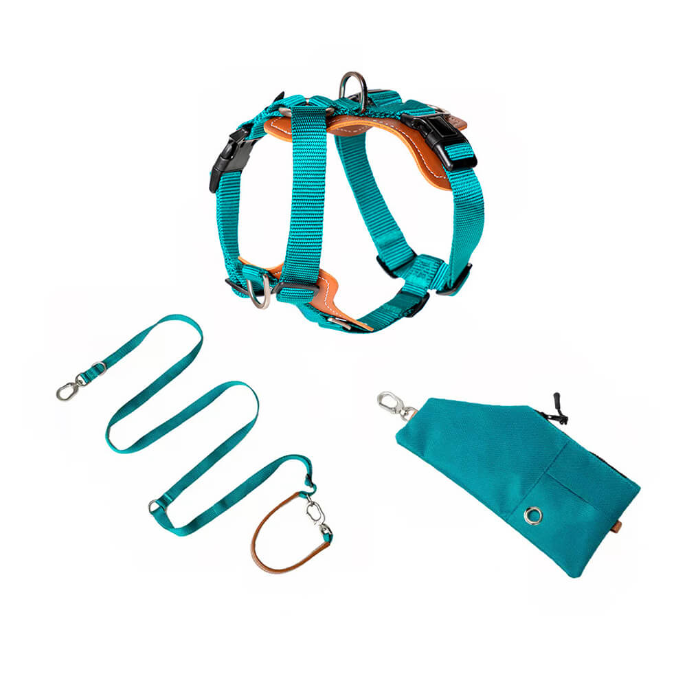 Conjunto multifuncional de arnês para caminhada para cães anti-tração mãos-livres com bolsa de armazenamento