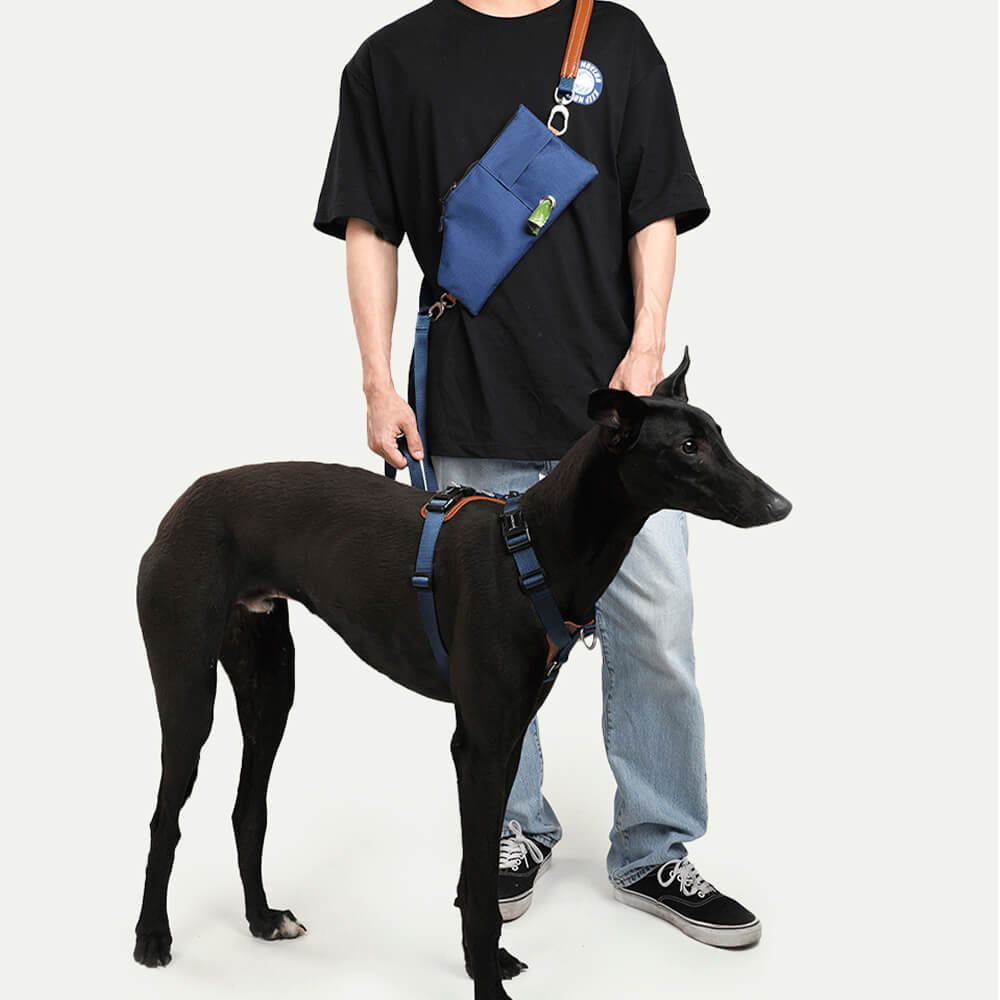 Conjunto multifuncional de arnês para caminhada para cães anti-tração mãos-livres com bolsa de armazenamento