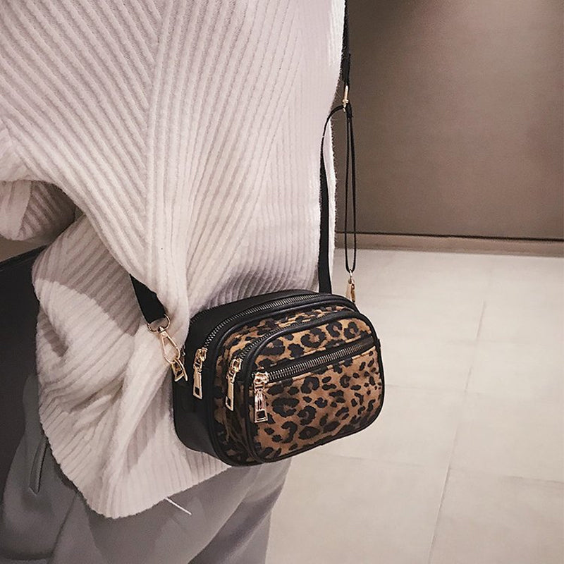 Leopard Print Multi-Layer Zipper Crossbody Bag