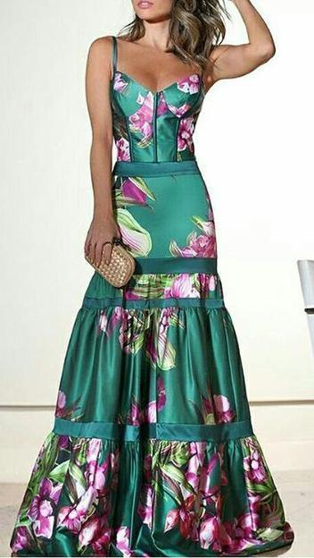 New Fashion Sexy Floral Plunge Ruffles Layered Hem Evening Dress.MC