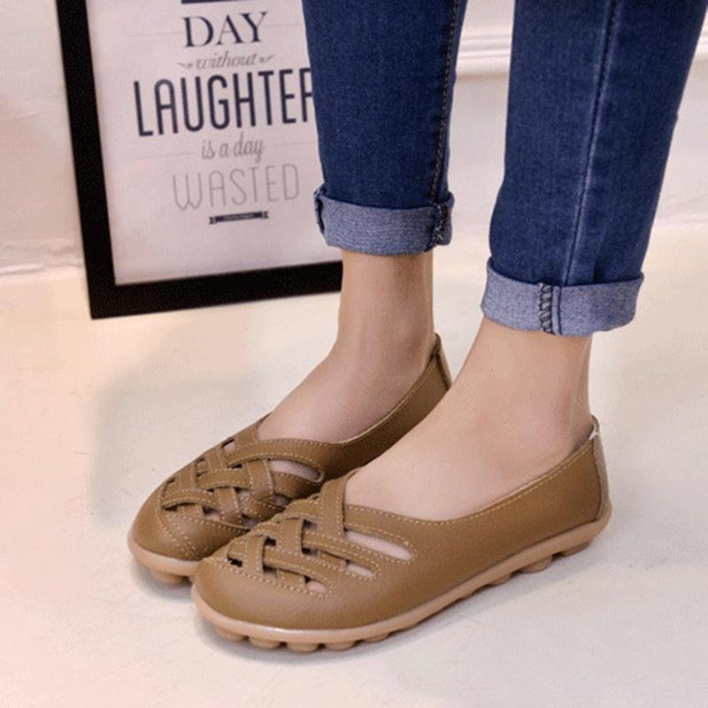 Hollow-Out Split Leather Slip-On Women's Flats