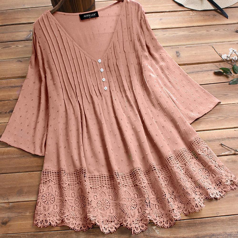 Jacquard Pleated Lace Hollow Out V-neck Plus Size Blouse