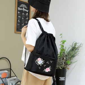 Folding Embroidered Drawstring Backpack