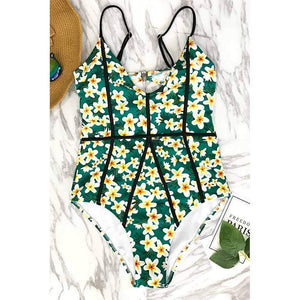 Green Flowers Print One-Piece Swimsuit