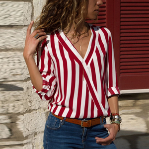 Women Shirt V-neck Striped Print Blouse