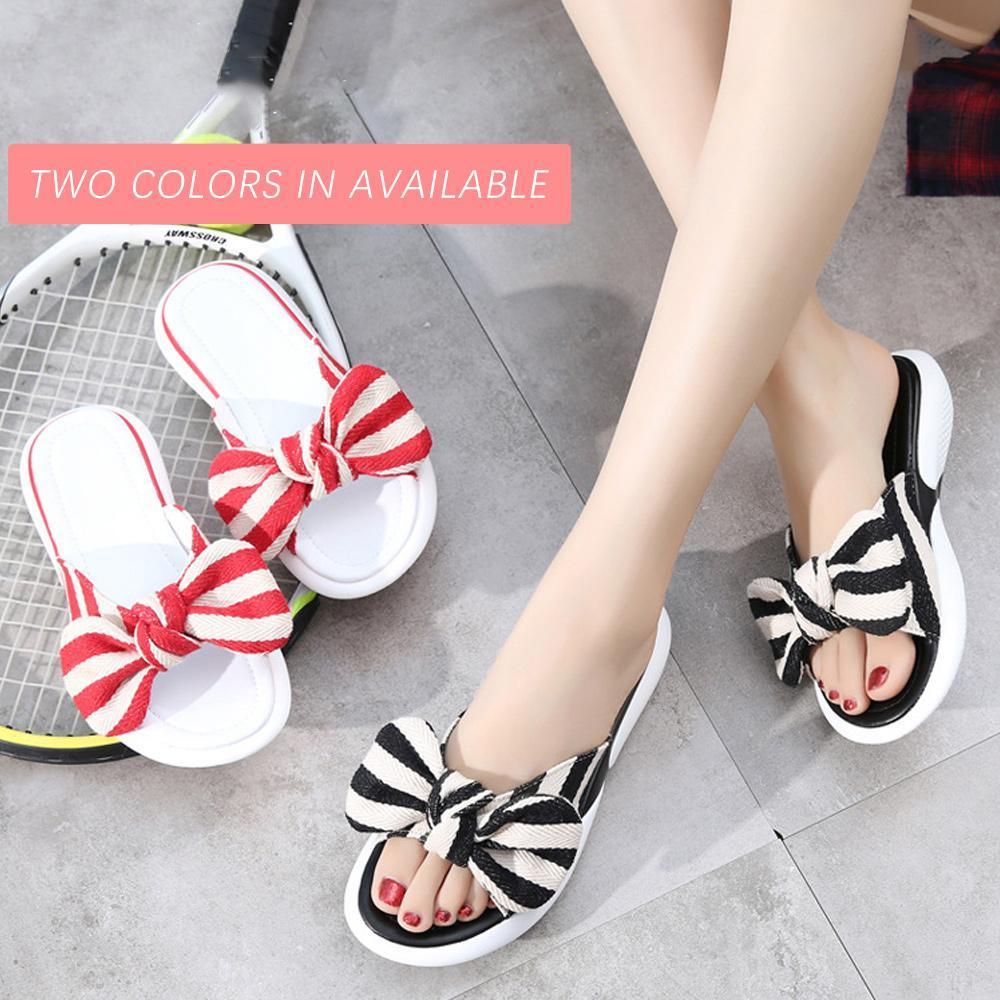 Fashion Open Toe Wedges Bowties Stripe Slides Slippers