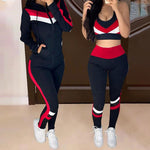 Colorblock Crop Top & High Waist Pants & Hooded Coat Set