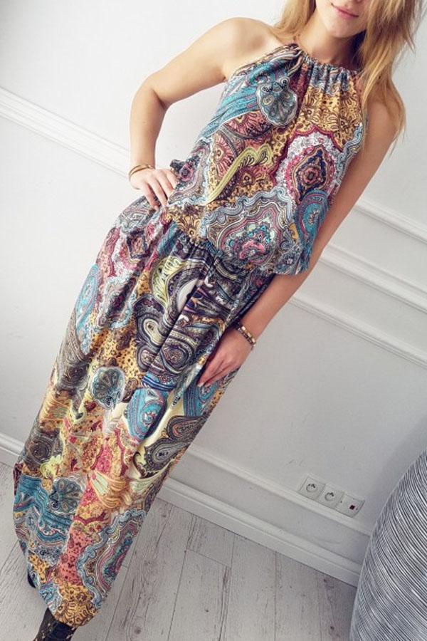 New Halter Printed Sleeveless Maxi Dress