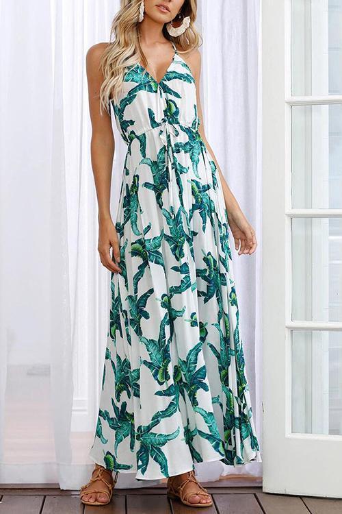 New V Collar Printing Sleeveless Beach Vacation Dress.AQ