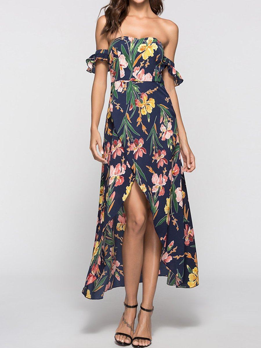 New Strapless  Asymmetric Hem  Printed Maxi Dress.MC