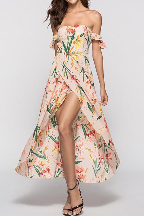 New Strapless  Asymmetric Hem  Printed Maxi Dress.MC