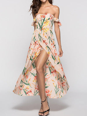 New Strapless  Asymmetric Hem  Printed Maxi Dress.MC