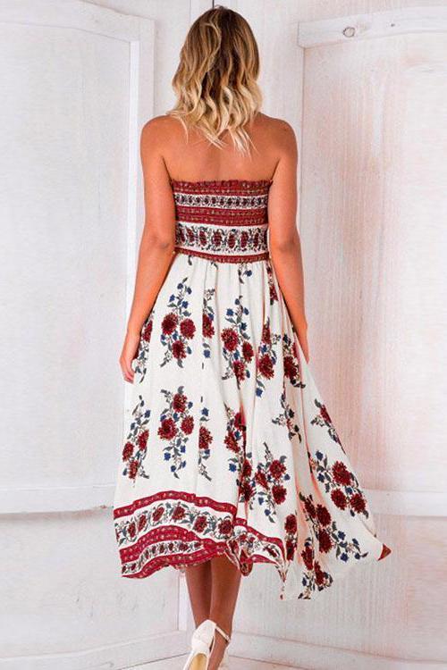 New Off Shoulder Elastic Strapless Irregular Printing Vacation Dress.AQ