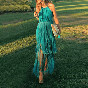 New Sexy Green Tassel Halter Sleeveless Maxi Dress.WH