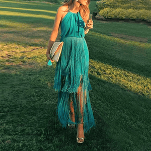 New Sexy Green Tassel Halter Sleeveless Maxi Dress.WH