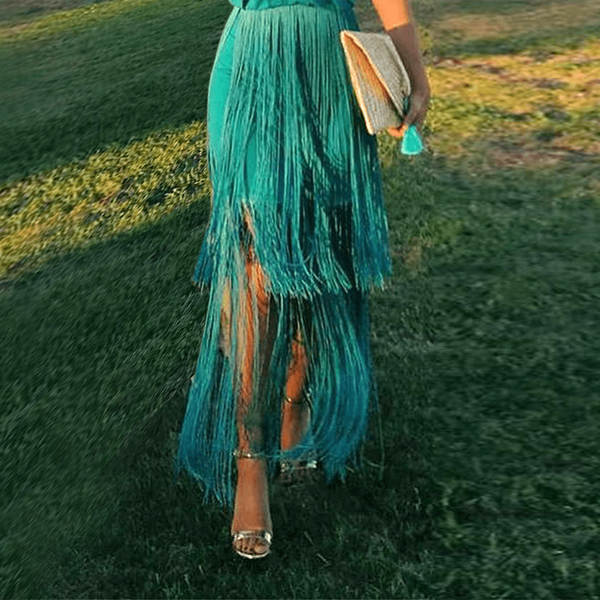 New Sexy Green Tassel Halter Sleeveless Maxi Dress.WH