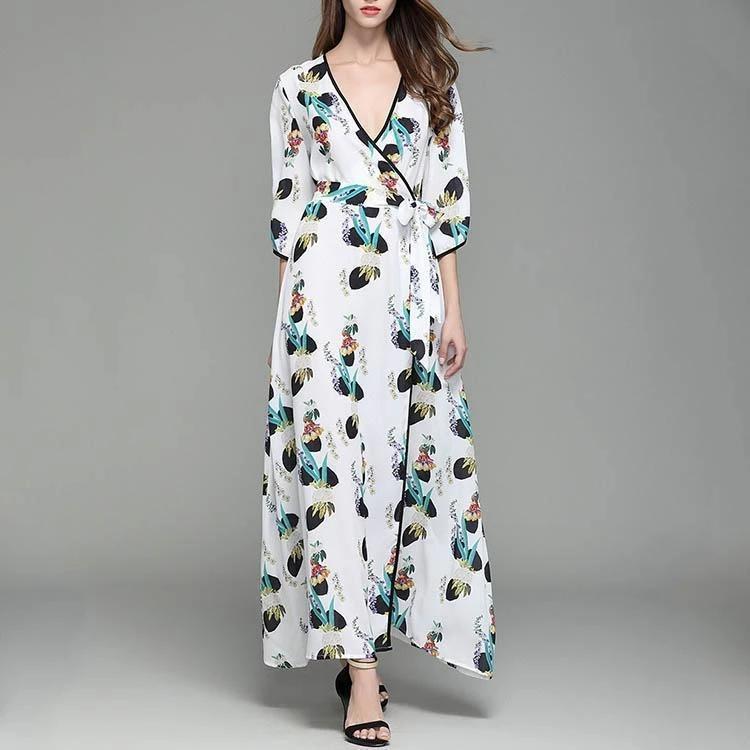 New V Collar Printing Flare Sleeve Maxi Beach Vacation  Dress.WH