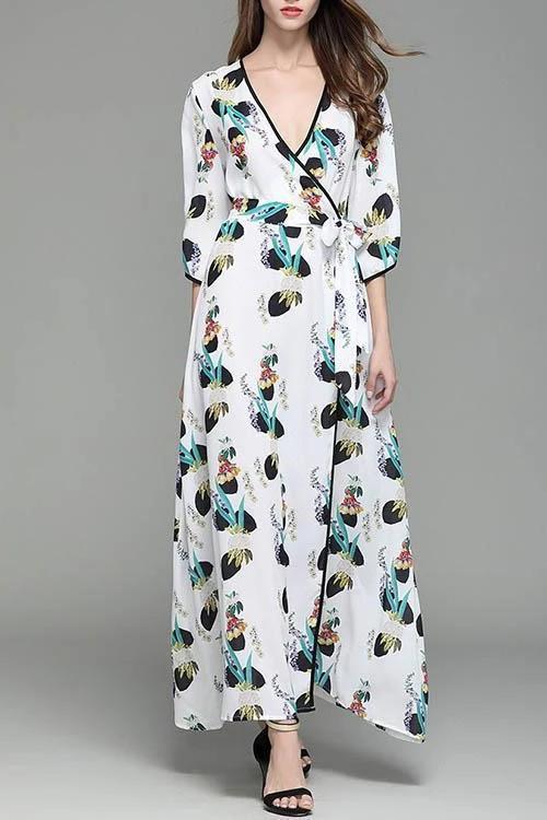 New V Collar Printing Flare Sleeve Maxi Beach Vacation  Dress.WH