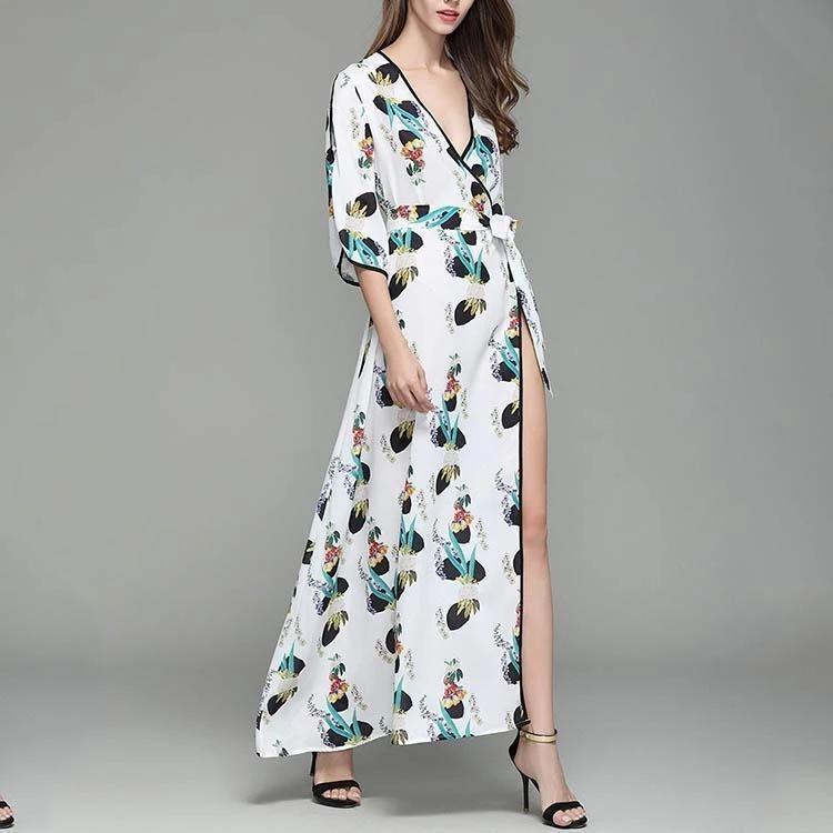 New V Collar Printing Flare Sleeve Maxi Beach Vacation  Dress.WH