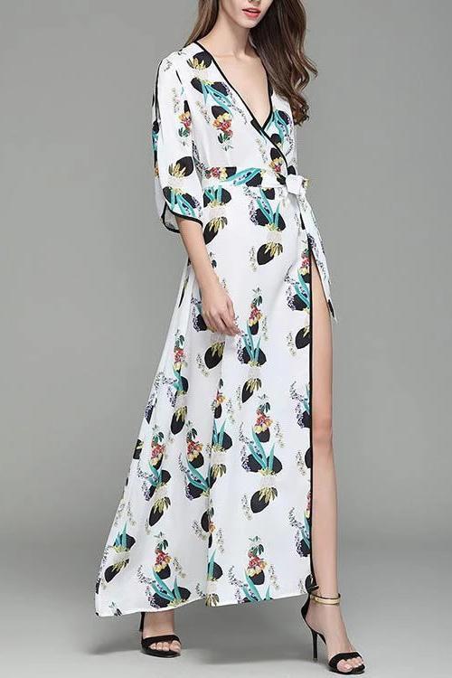 New V Collar Printing Flare Sleeve Maxi Beach Vacation  Dress.WH