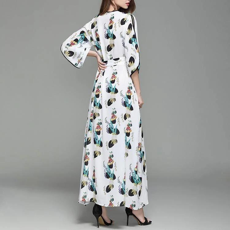 New V Collar Printing Flare Sleeve Maxi Beach Vacation  Dress.WH