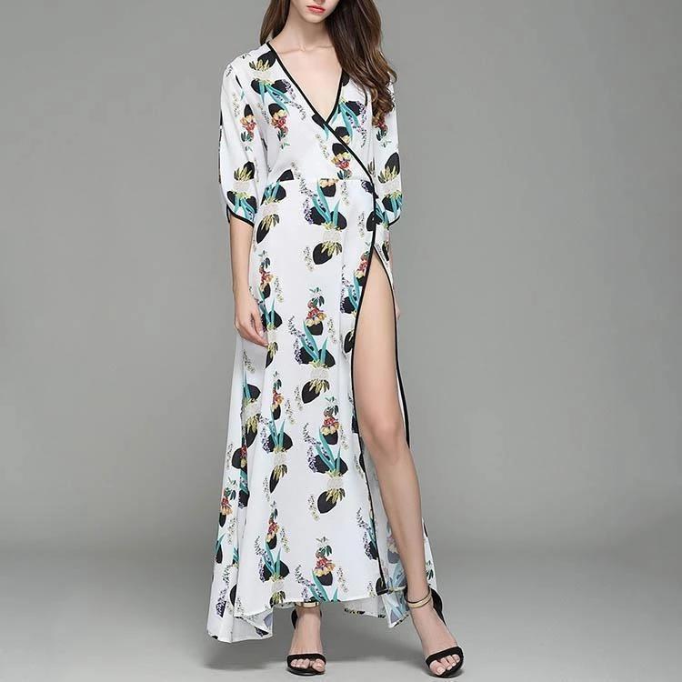 New V Collar Printing Flare Sleeve Maxi Beach Vacation  Dress.WH