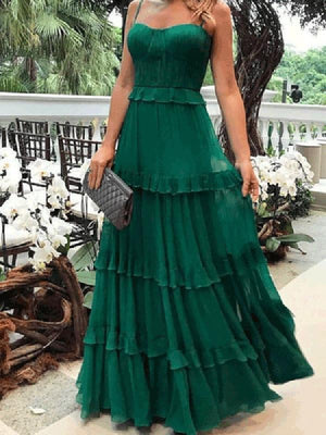 New Elegant Spaghetti Straps Plain Falbala Green Evening Dress.MC