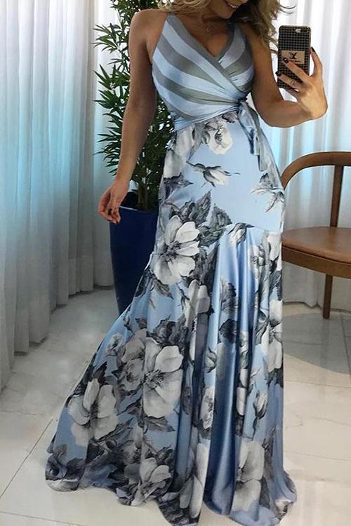 New Elegant Flower Printed Colour Sleeveless Maxi Dresses.WH