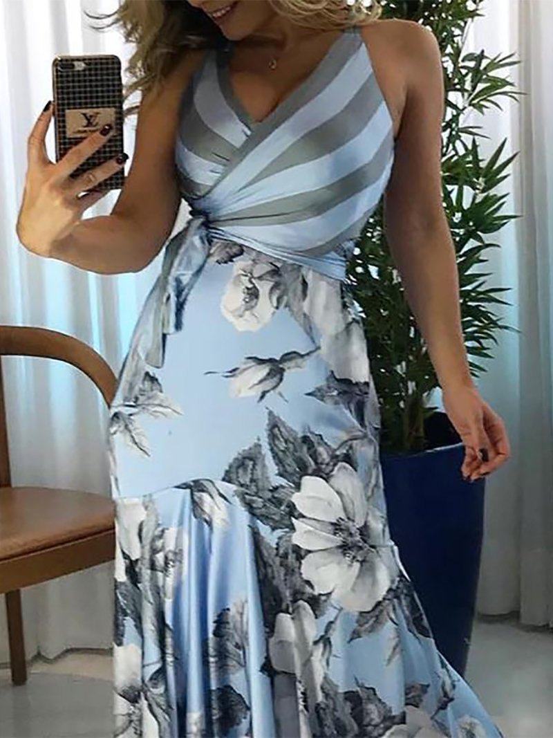 New Elegant Flower Printed Colour Sleeveless Maxi Dresses.WH