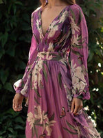 New Bohemian Printed Colour V Neck Long Sleeve Pleated Dress.MC