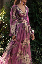 New Bohemian Printed Colour V Neck Long Sleeve Pleated Dress.MC