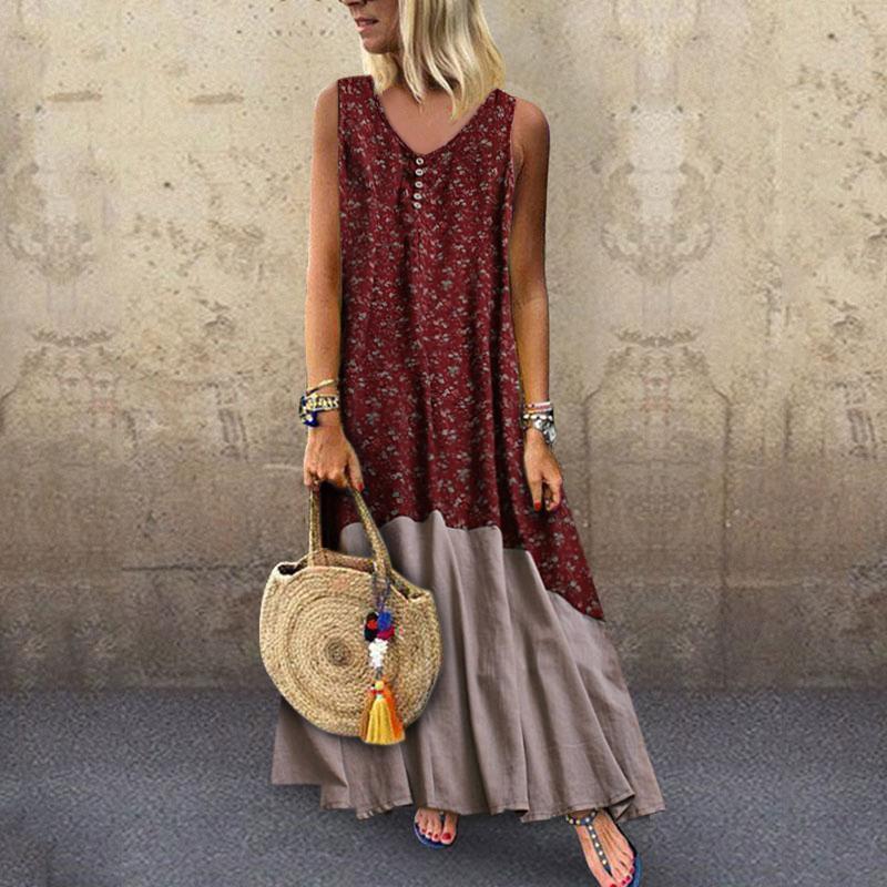 New Sexy Round-Neck Bohemian Sleeveless Print Dress