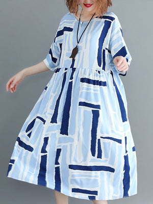 New Casual Printed Colour Pleated Round Neck Dress.MC