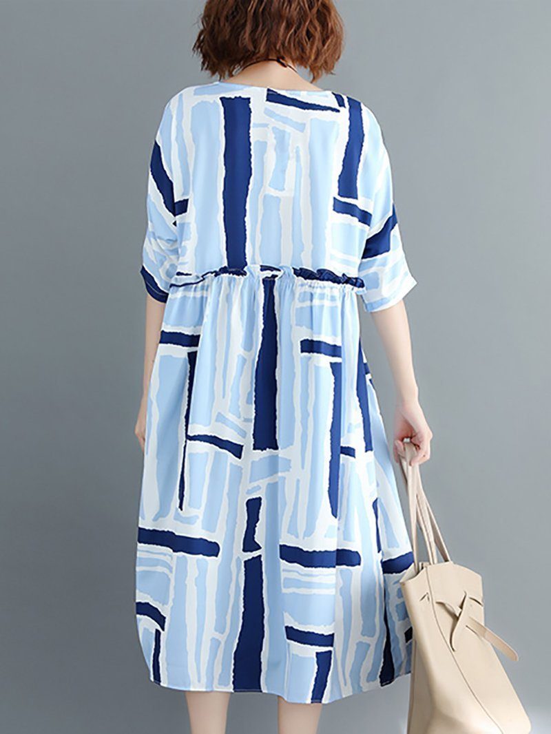 New Casual Printed Colour Pleated Round Neck Dress.MC