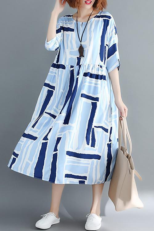 New Casual Printed Colour Pleated Round Neck Dress.MC