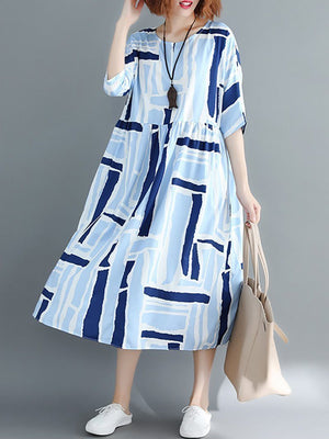 New Casual Printed Colour Pleated Round Neck Dress.MC