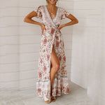 New Bohemian Big Pendulum V-Neck Beach Holiday Tie Printing Maxi Dresses.MC