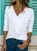 Solid Casual V-Neckline Long Sleeve Blouses TOPS.FL