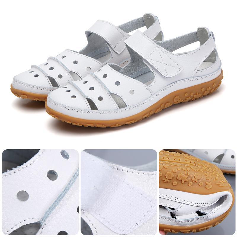 Leather Hollow Out Hook Loop Casual Flat Sandals For Women