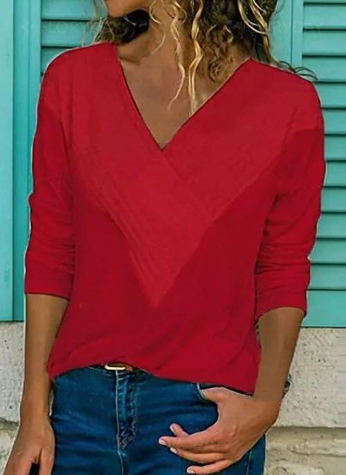 Solid Casual V-Neckline Long Sleeve Blouses TOPS.FL