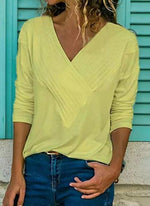 Solid Casual V-Neckline Long Sleeve Blouses TOPS.FL