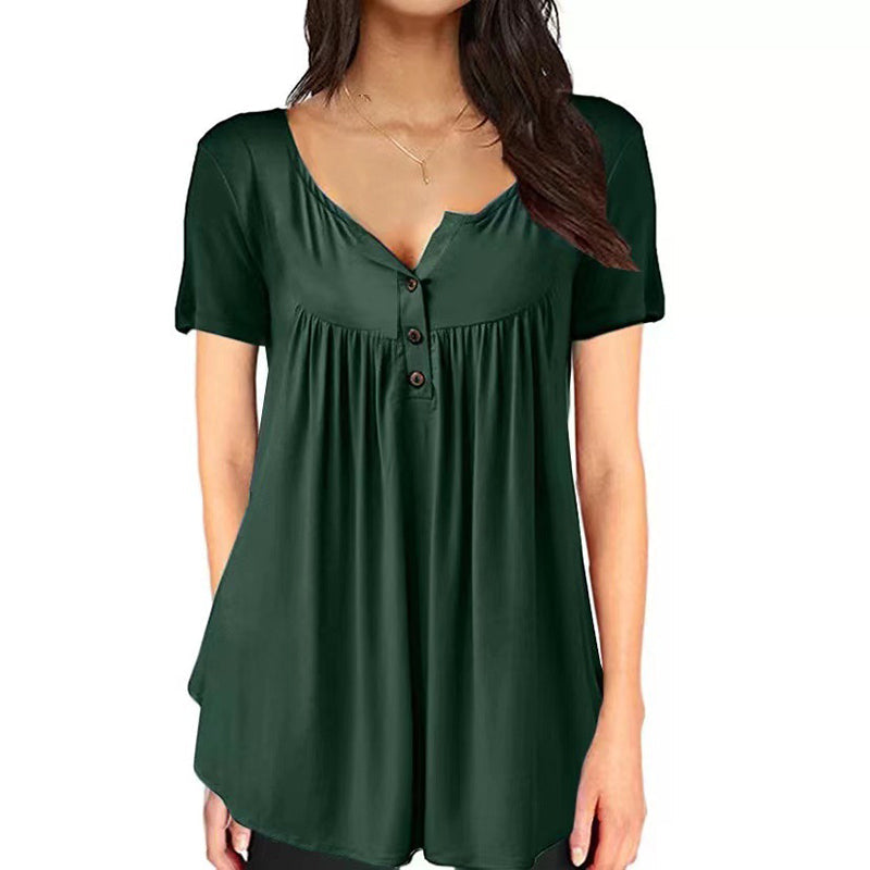 Women Plain Ruched Button T-Shirt